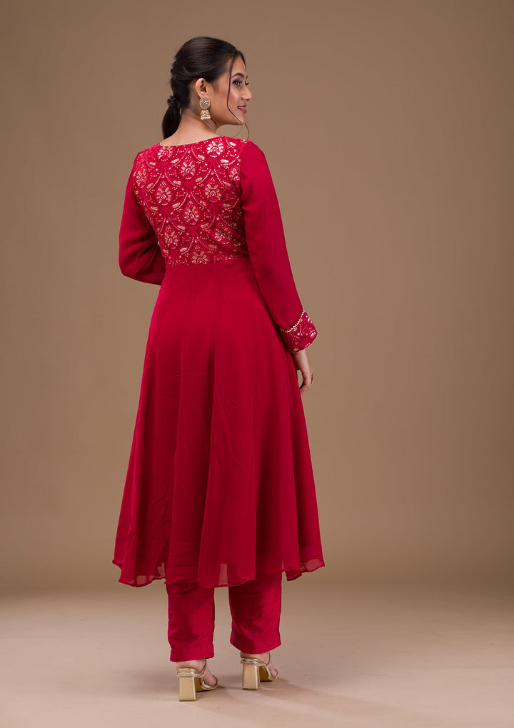 Maroon Zariwork Georgette Readymade Salwar Suit-Koskii