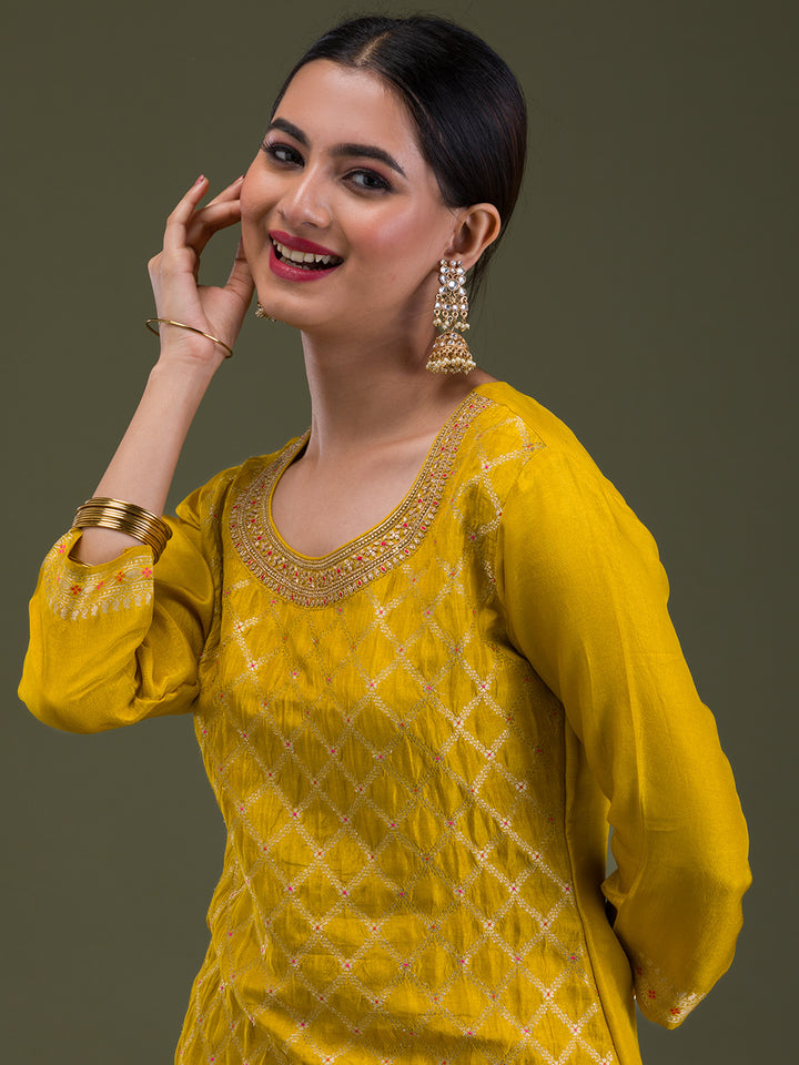 Mustard Zariwork Banarasi Readymade Salwar Kameez
