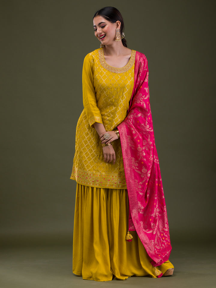 Mustard Zariwork Banarasi Readymade Salwar Kameez