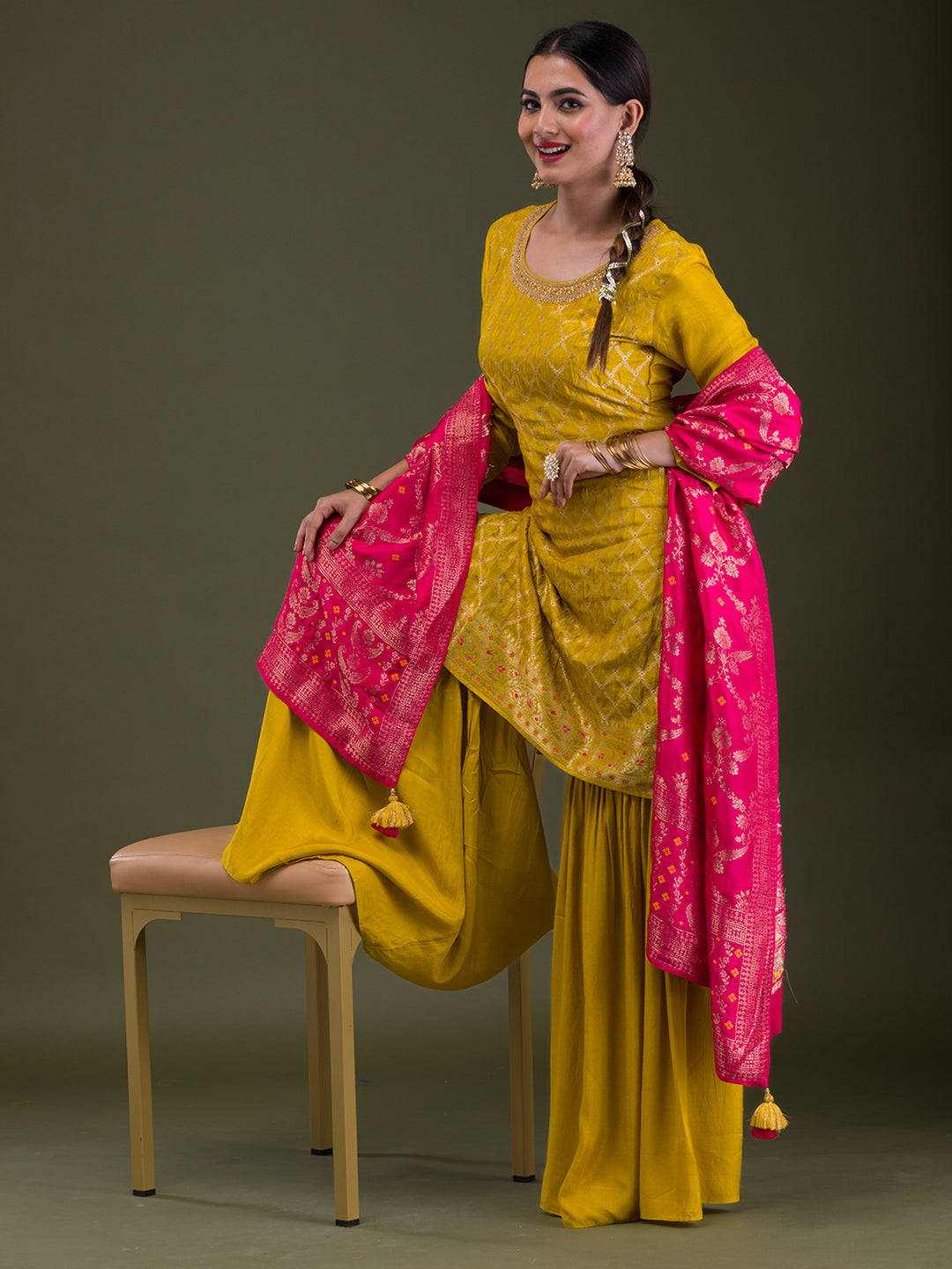 Mustard Zariwork Banarasi Readymade Salwar Kameez