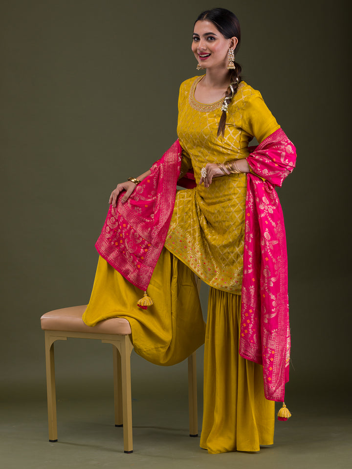 Mustard Zariwork Banarasi Readymade Salwar Kameez
