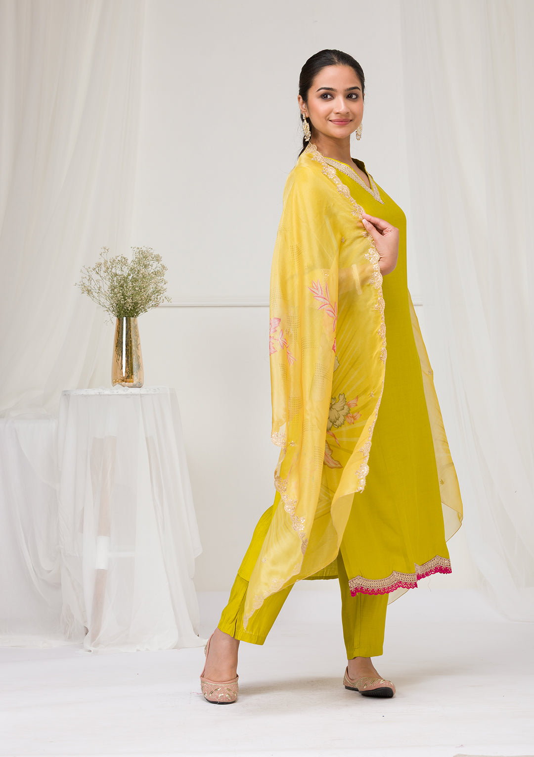 Parrot Green Zariwork Semi Crepe Readymade Salwar Suit