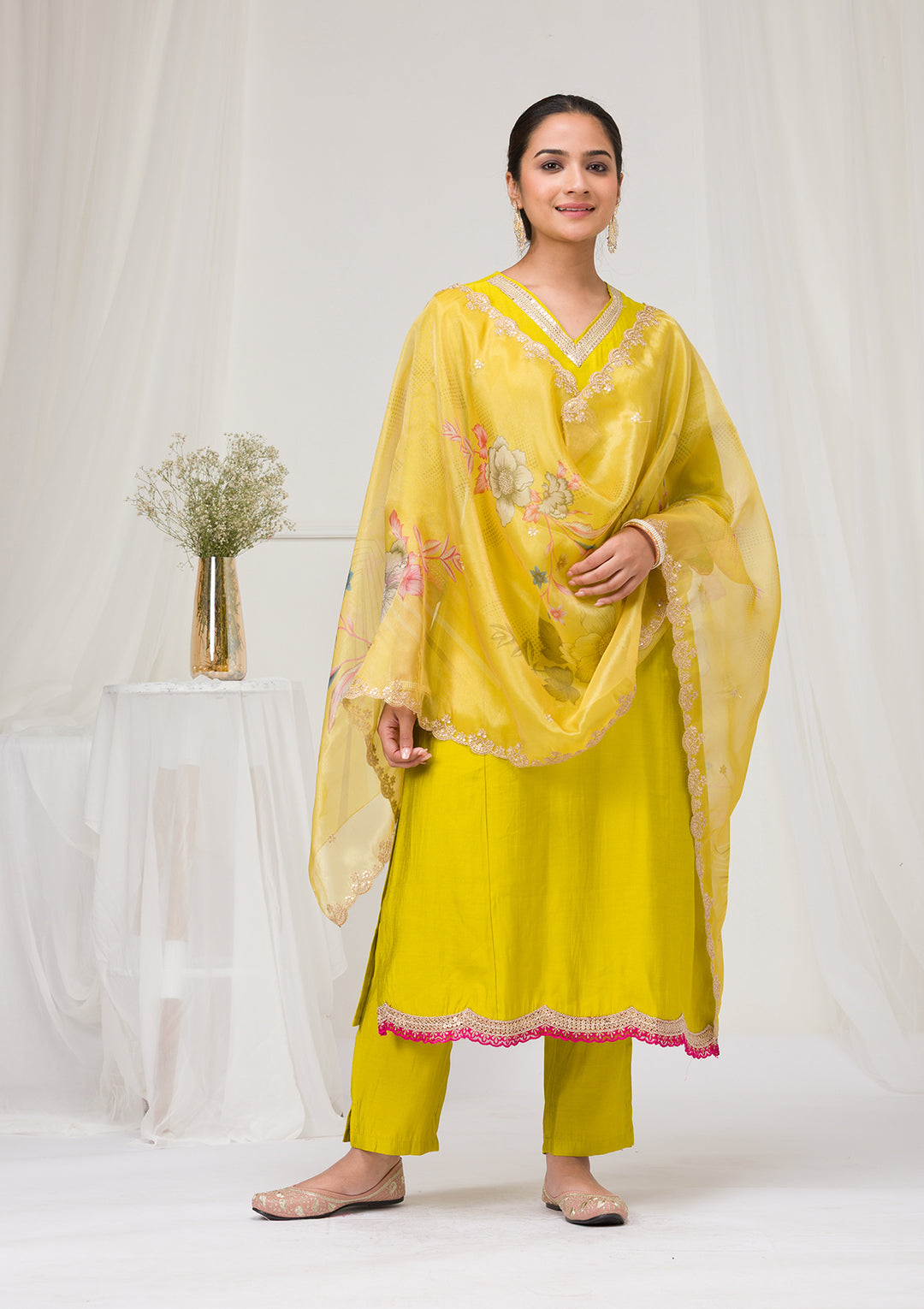 Parrot Green Zariwork Semi Crepe Readymade Salwar Suit