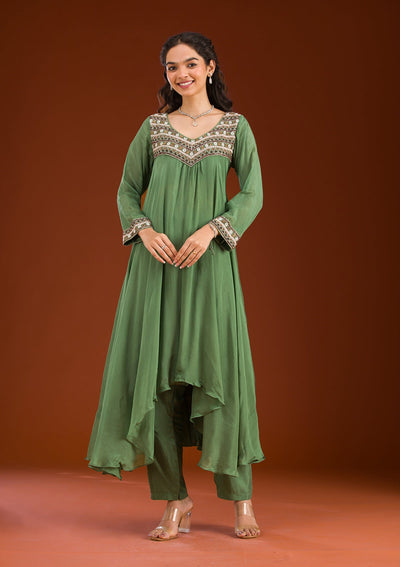 Leaf Green Cutdana Georgette Readymade Salwar Suit-Koskii