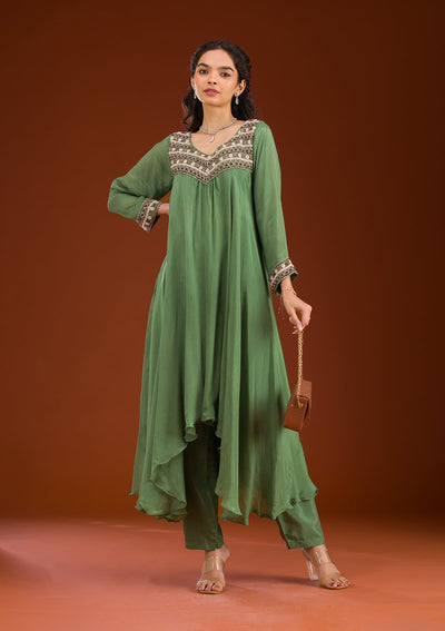 Leaf Green Cutdana Georgette Readymade Salwar Suit