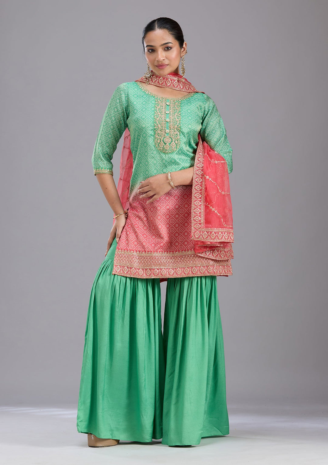 Parrot Green Sequins Soft Raw Silk Readymade Salwar Suit-koskii