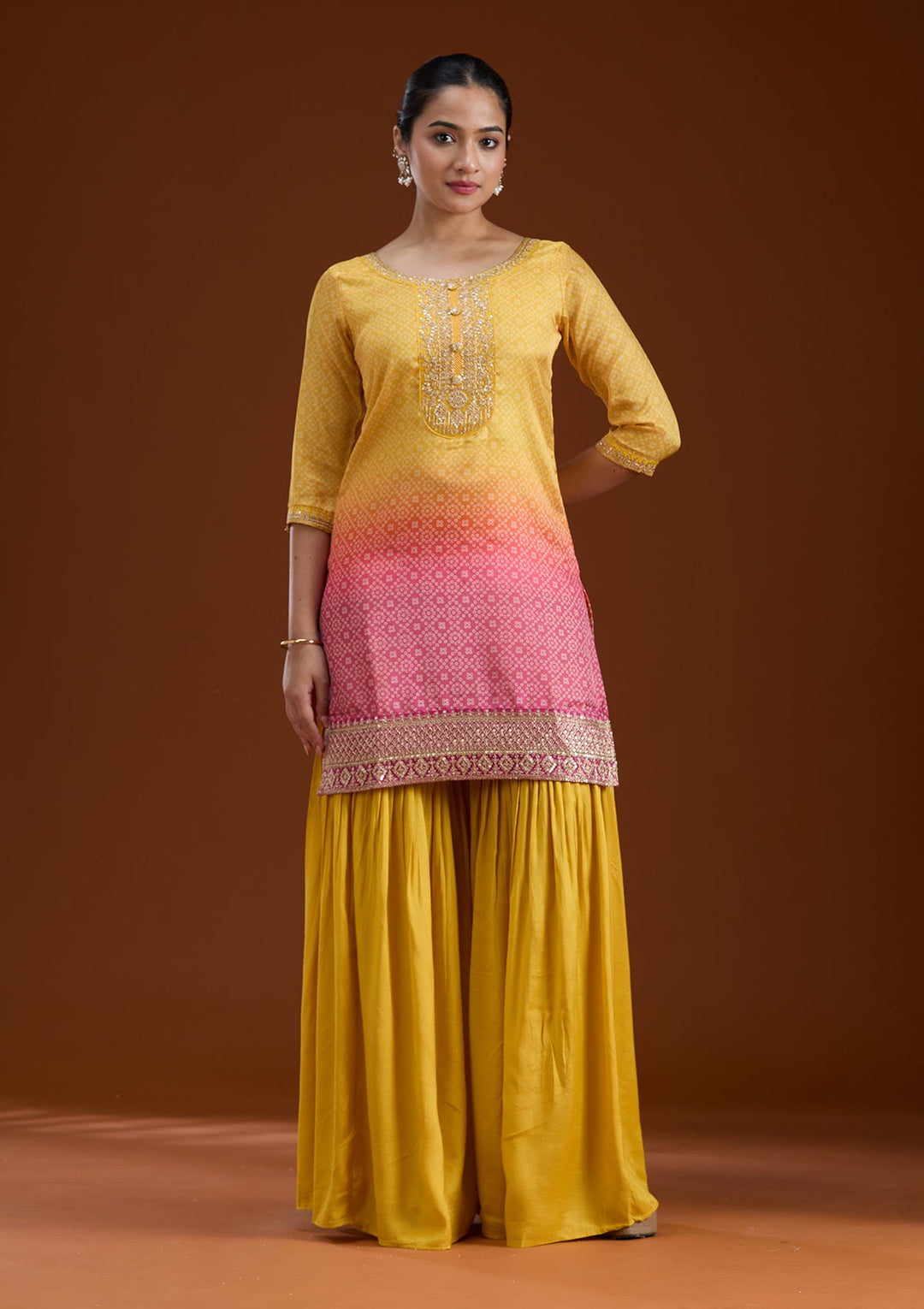 Yellow Sequins Soft Raw Silk Readymade Salwar Suit-koskii