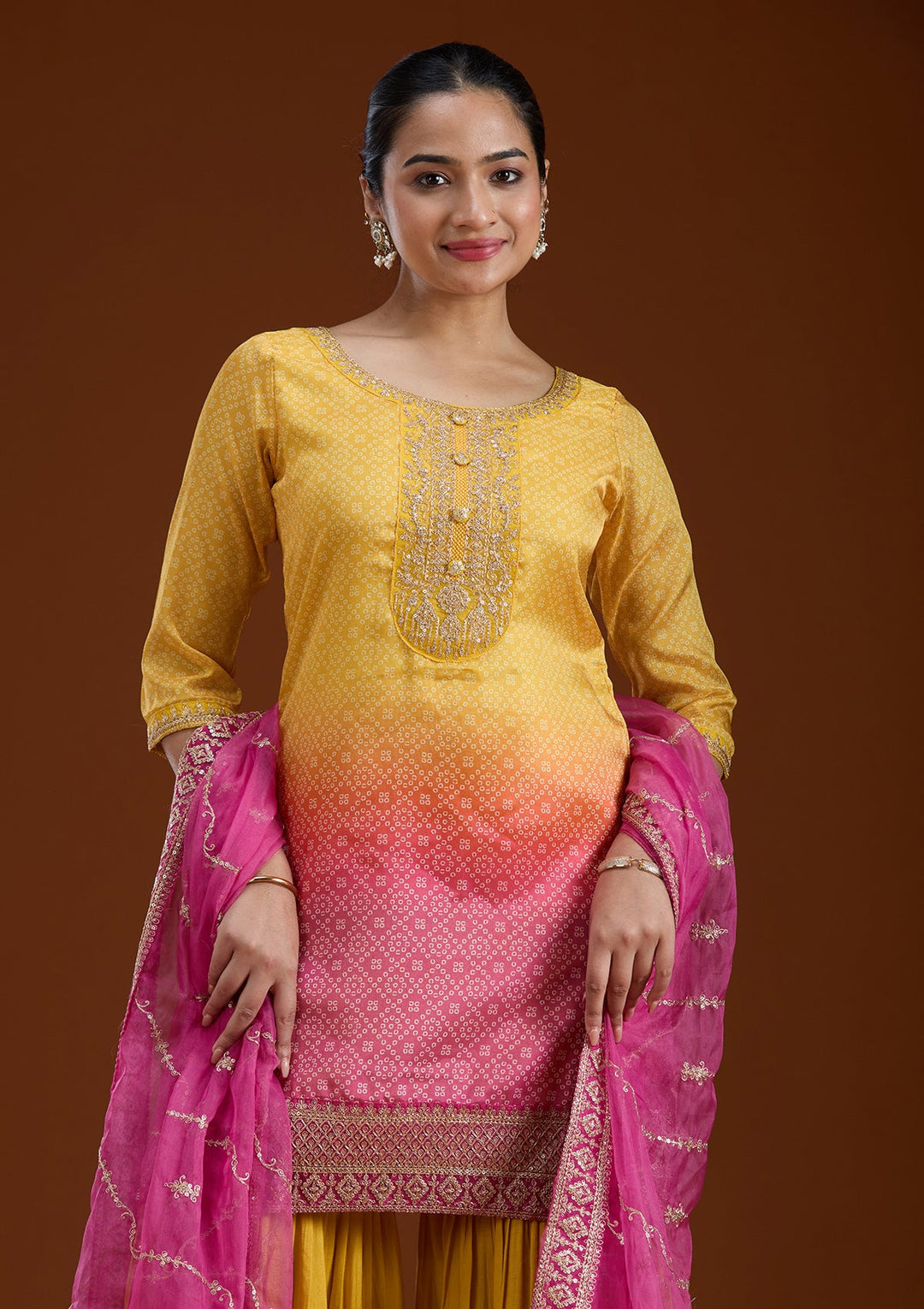 Yellow Sequins Soft Raw Silk Readymade Salwar Suit-koskii