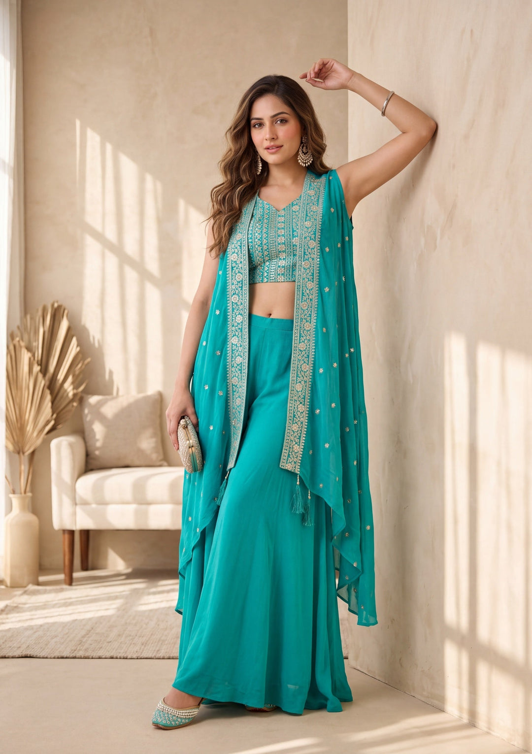 Turquoise Blue Zariwork Chinon Readymade Salwar Suit