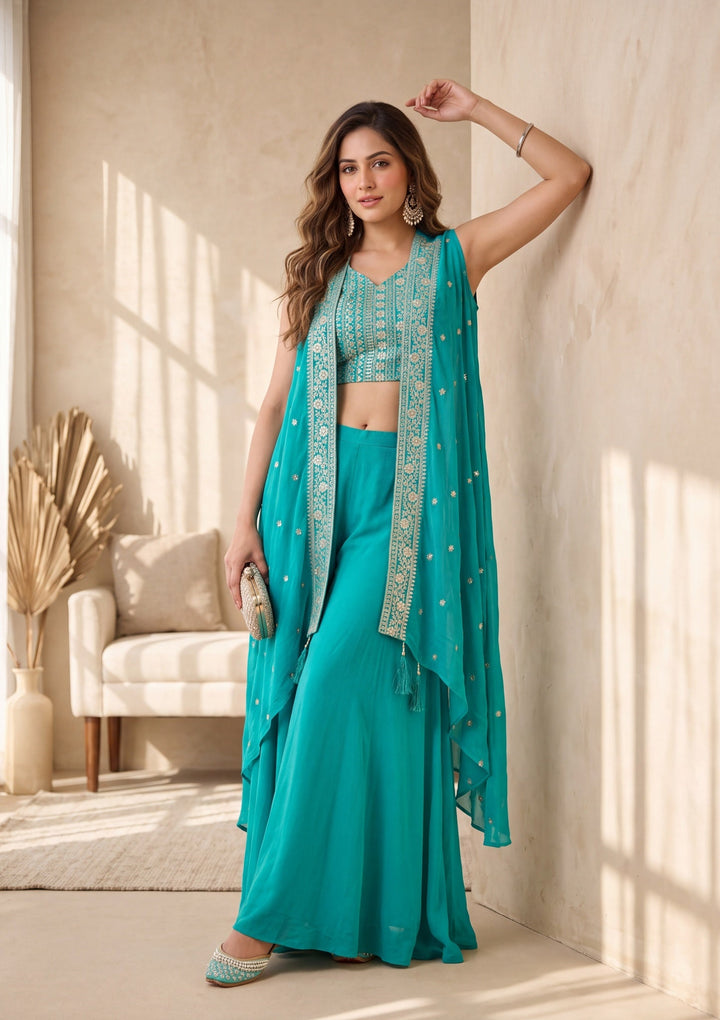 Turquoise Blue Zariwork Chinon Readymade Salwar Suit