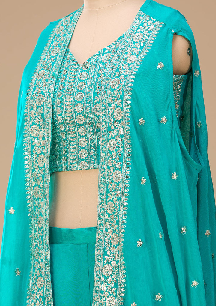 Turquoise Blue Zariwork Chinon Readymade Salwar Suit