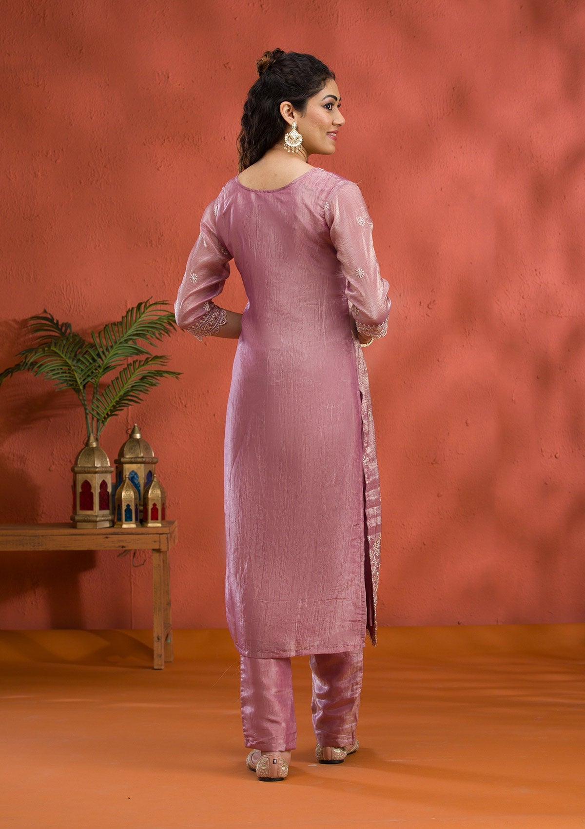 Mauve Threadwork Semi Crepe Readymade Salwar Suit-Koskii