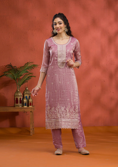 Mauve Threadwork Semi Crepe Readymade Salwar Suit-Koskii