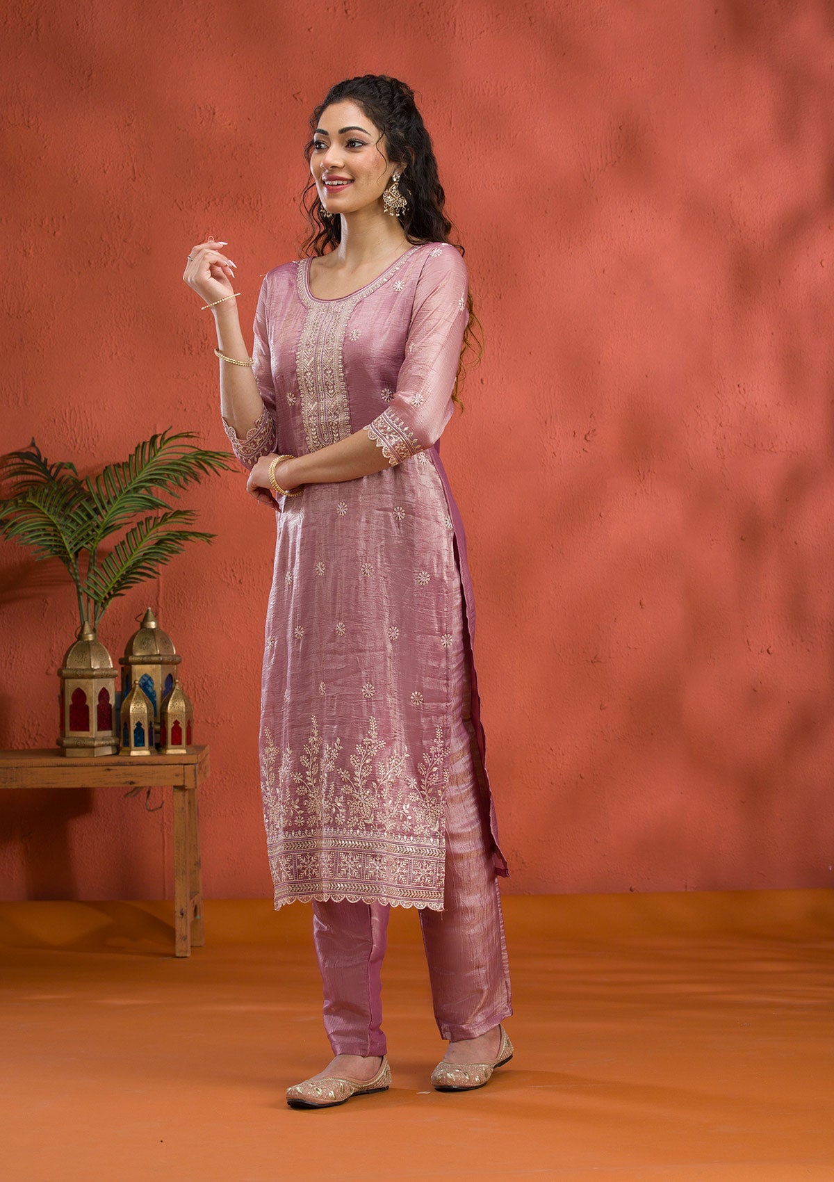 Mauve Threadwork Semi Crepe Readymade Salwar Suit-Koskii