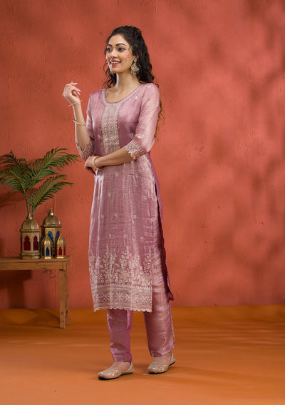 Mauve Threadwork Semi Crepe Readymade Salwar Suit-Koskii