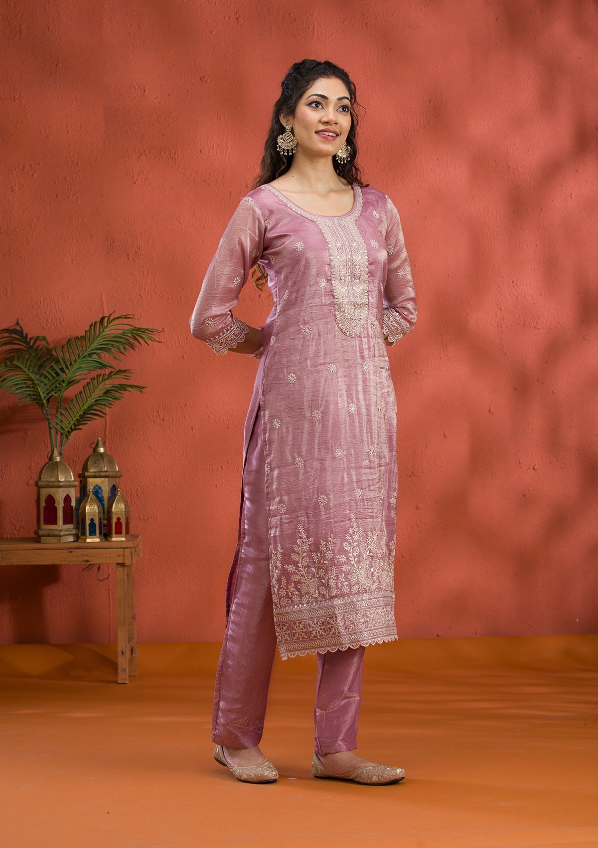 Mauve Threadwork Semi Crepe Readymade Salwar Suit-Koskii