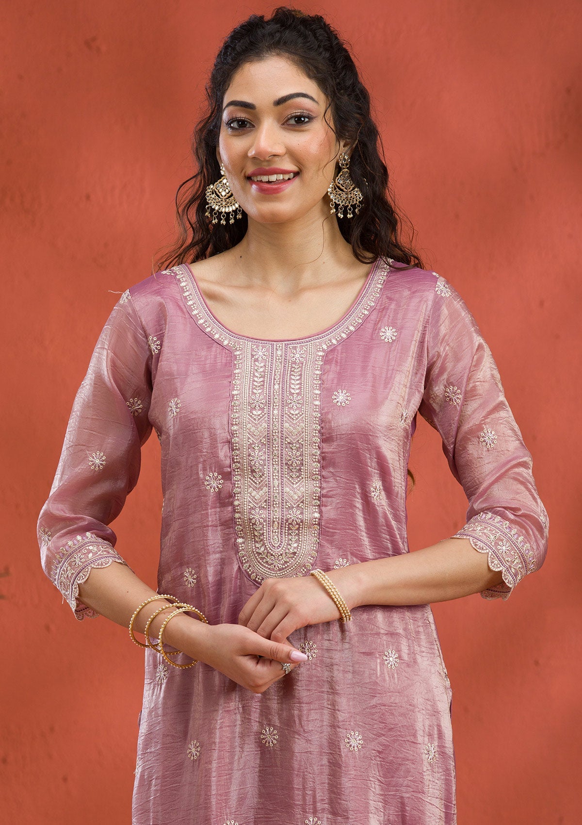 Mauve Threadwork Semi Crepe Readymade Salwar Suit-Koskii