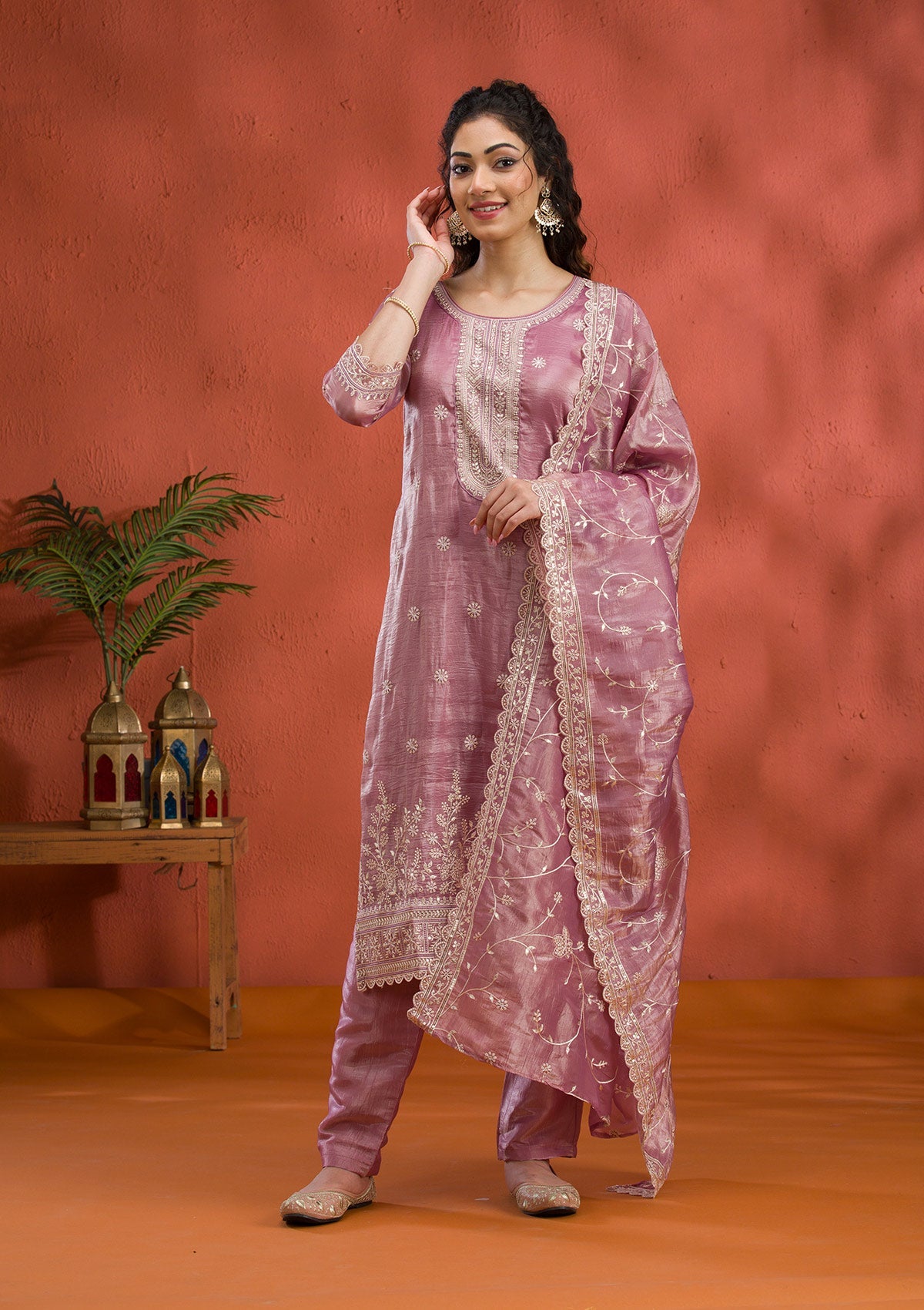 Mauve Threadwork Semi Crepe Readymade Salwar Suit-Koskii