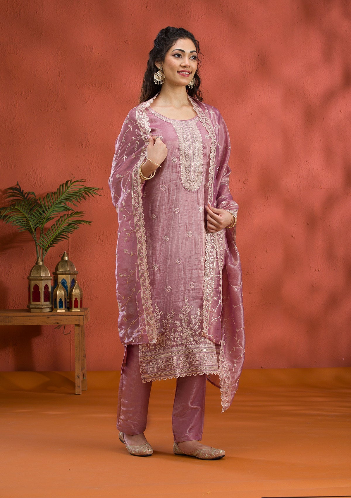 Mauve Threadwork Semi Crepe Readymade Salwar Suit-Koskii