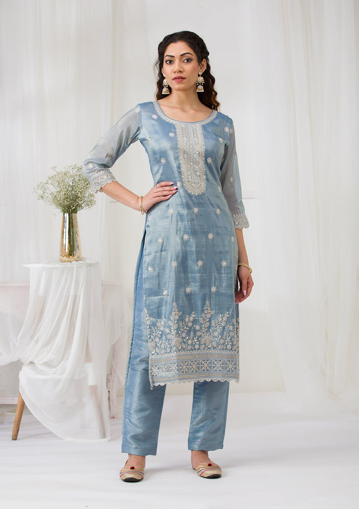 Sea Green Threadwork Semi Crepe Readymade Salwar Suit-Koskii