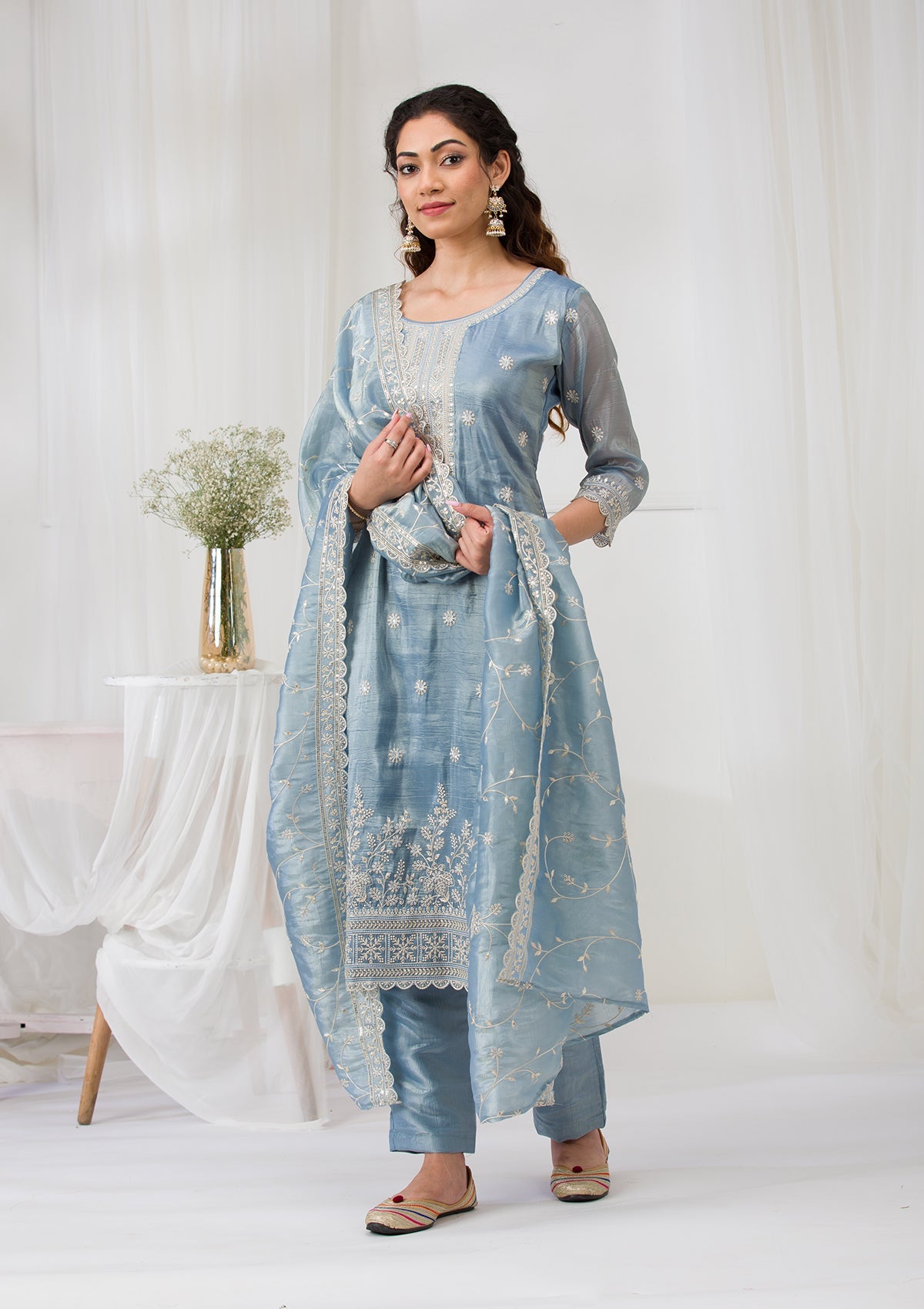 Sea Green Threadwork Semi Crepe Readymade Salwar Suit-Koskii