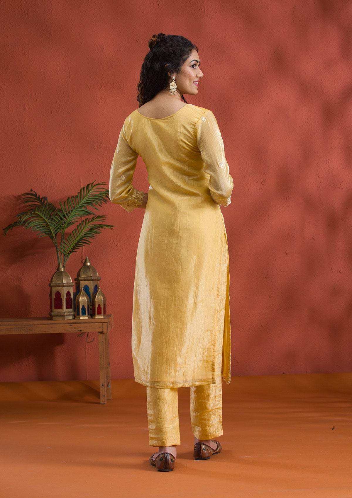 Yellow Threadwork Semi Crepe Readymade Salwar Suit-Koskii