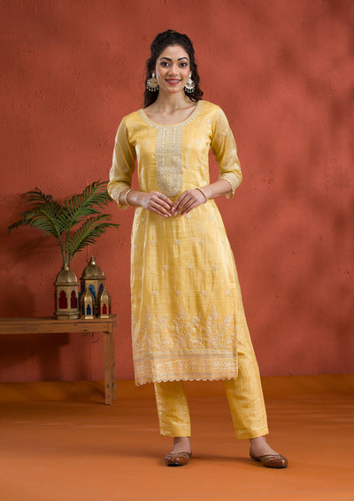 Yellow Threadwork Semi Crepe Readymade Salwar Suit-Koskii