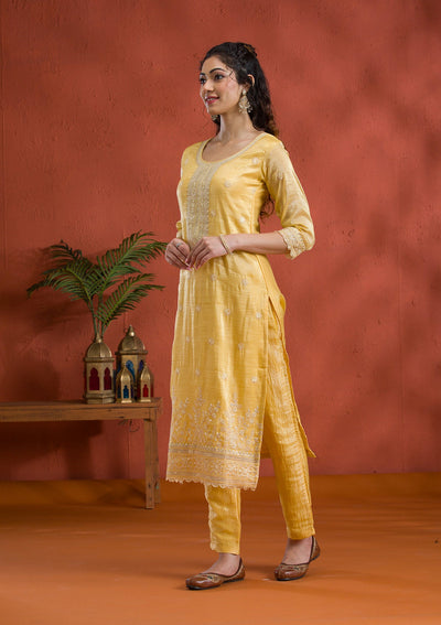 Yellow Threadwork Semi Crepe Readymade Salwar Suit-Koskii