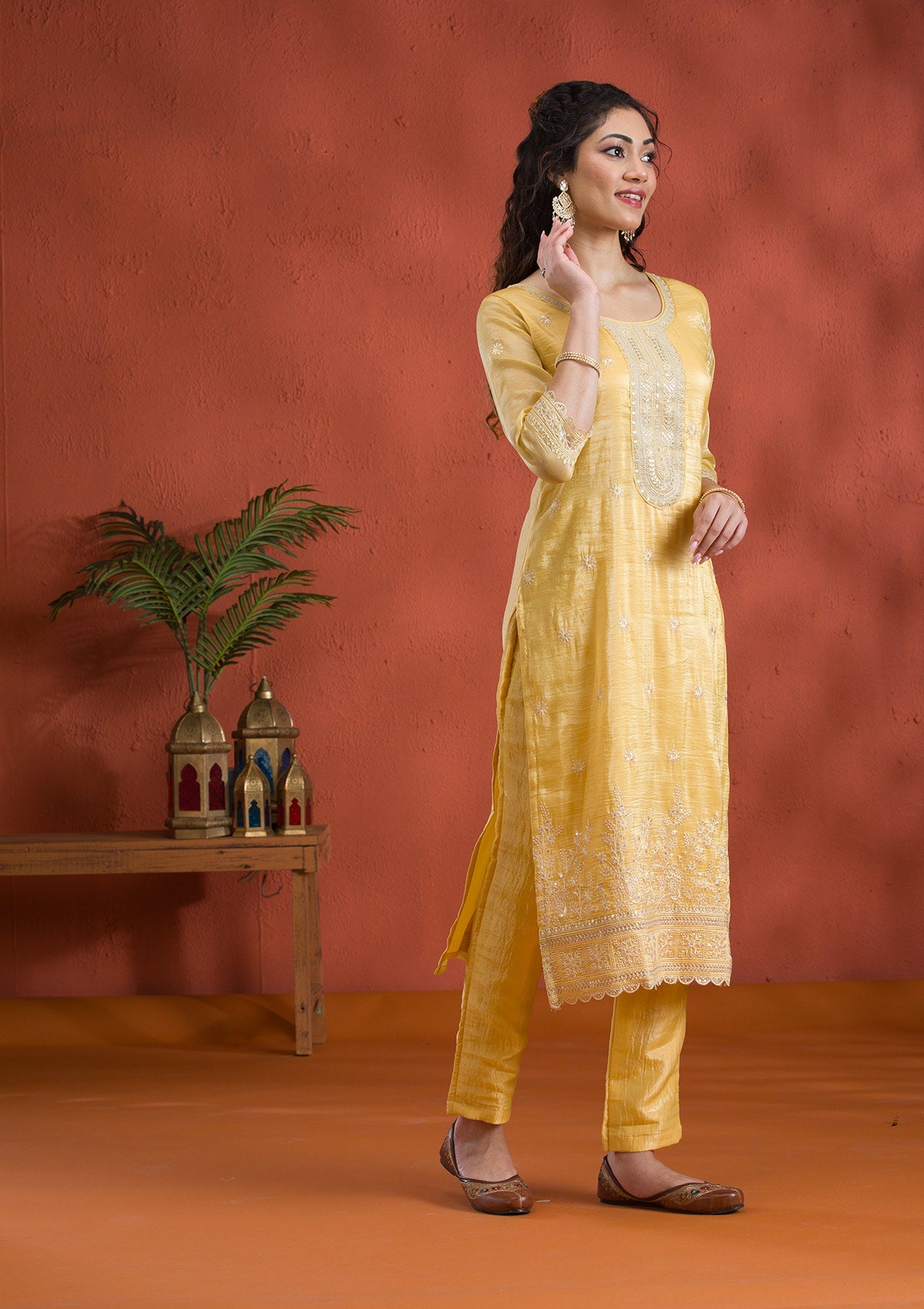 Yellow Threadwork Semi Crepe Readymade Salwar Suit-Koskii