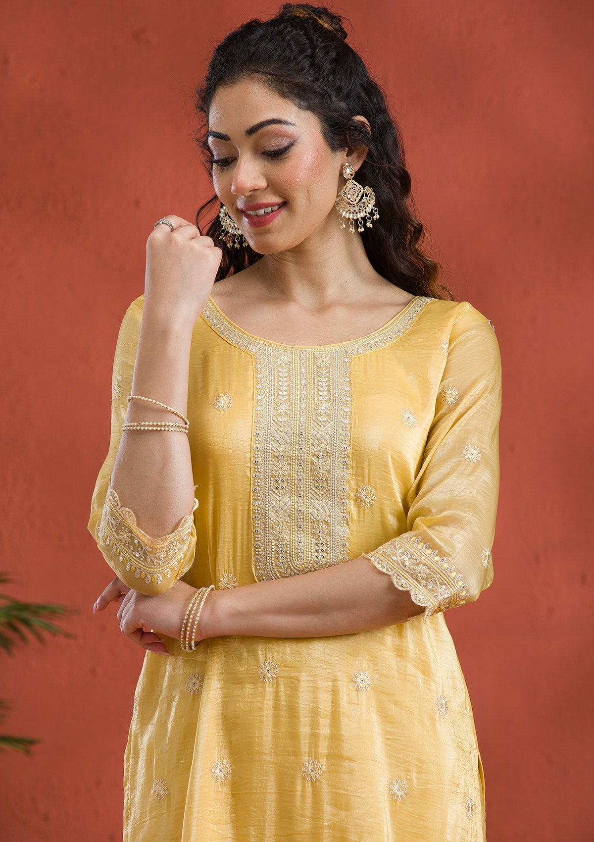 Yellow Threadwork Semi Crepe Readymade Salwar Suit-Koskii