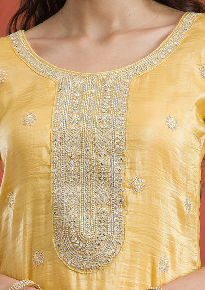 Yellow Threadwork Semi Crepe Readymade Salwar Suit-Koskii