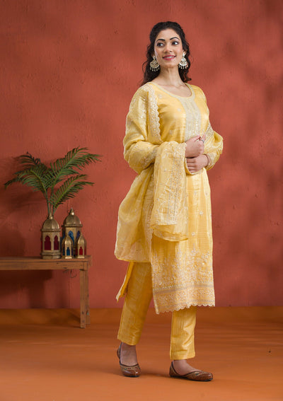 Yellow Threadwork Semi Crepe Readymade Salwar Suit-Koskii