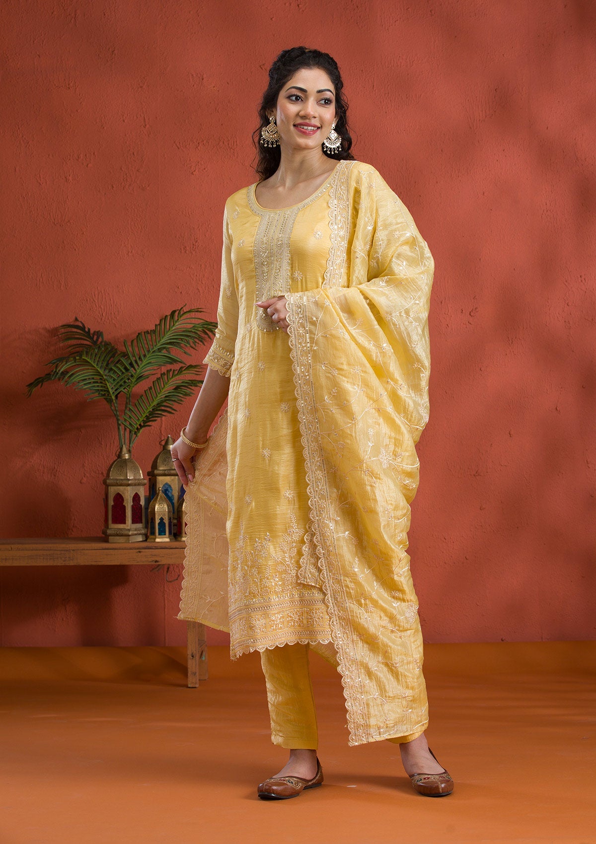 Yellow Threadwork Semi Crepe Readymade Salwar Suit-Koskii