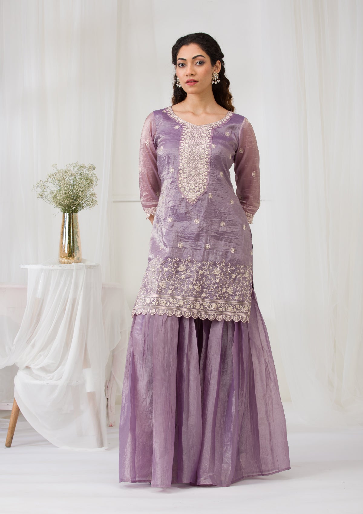 Lavender Threadwork Semi Crepe Readymade Salwar Suit-Koskii