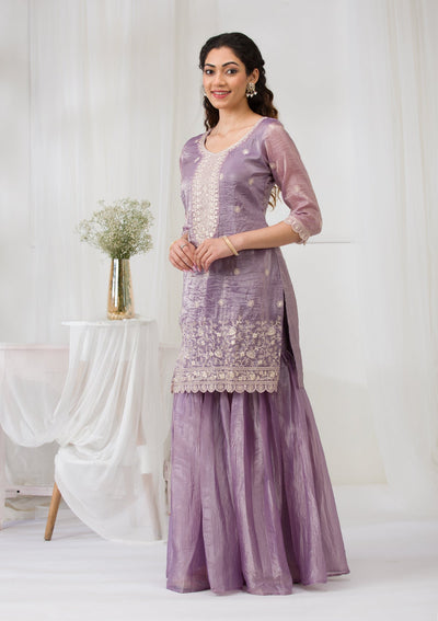 Lavender Threadwork Semi Crepe Readymade Salwar Suit-Koskii