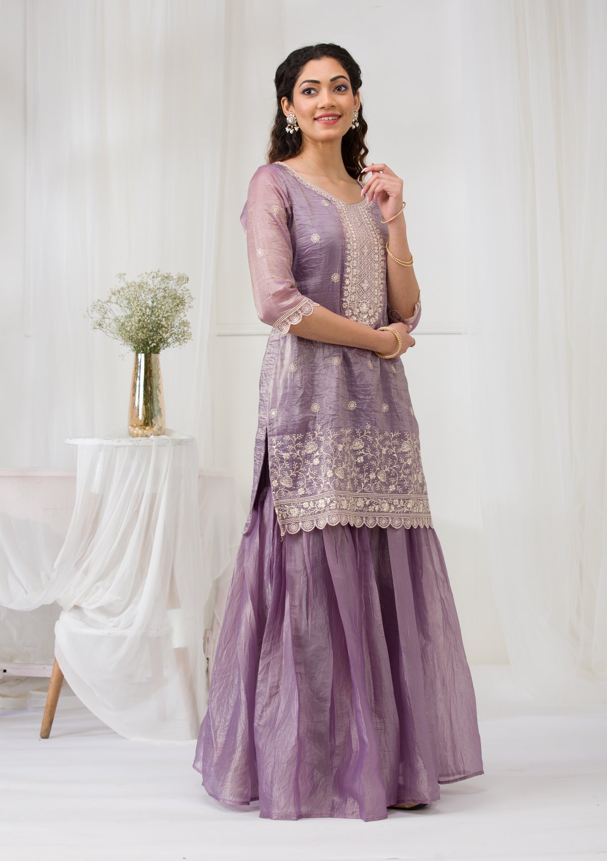 Lavender Threadwork Semi Crepe Readymade Salwar Suit-Koskii