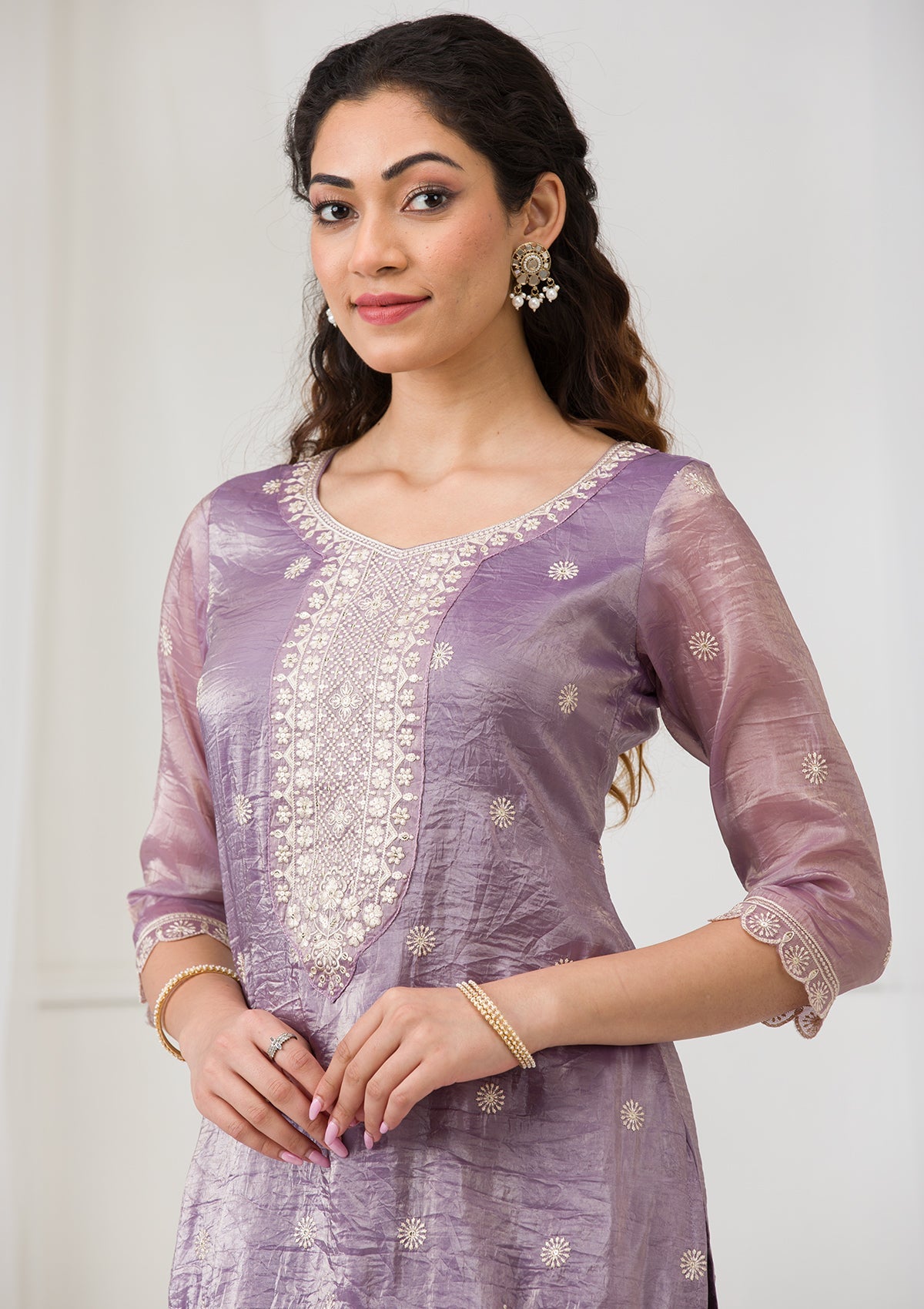 Lavender Threadwork Semi Crepe Readymade Salwar Suit-Koskii