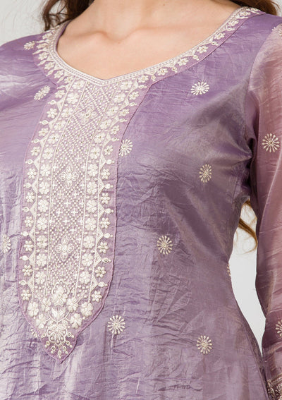 Lavender Threadwork Semi Crepe Readymade Salwar Suit-Koskii