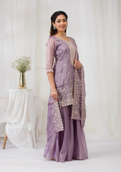 Lavender Threadwork Semi Crepe Readymade Salwar Suit-Koskii