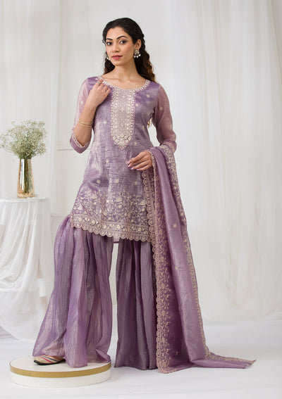 Lavender Threadwork Semi Crepe Readymade Salwar Suit-Koskii