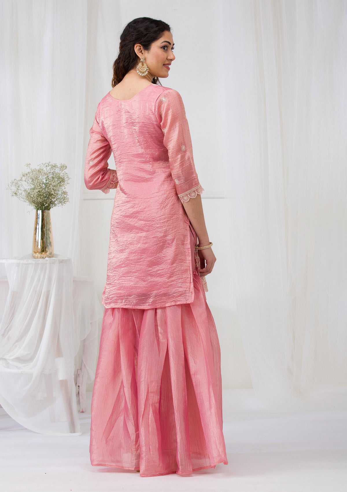 Pink Threadwork Semi Crepe Readymade Salwar Suit-Koskii