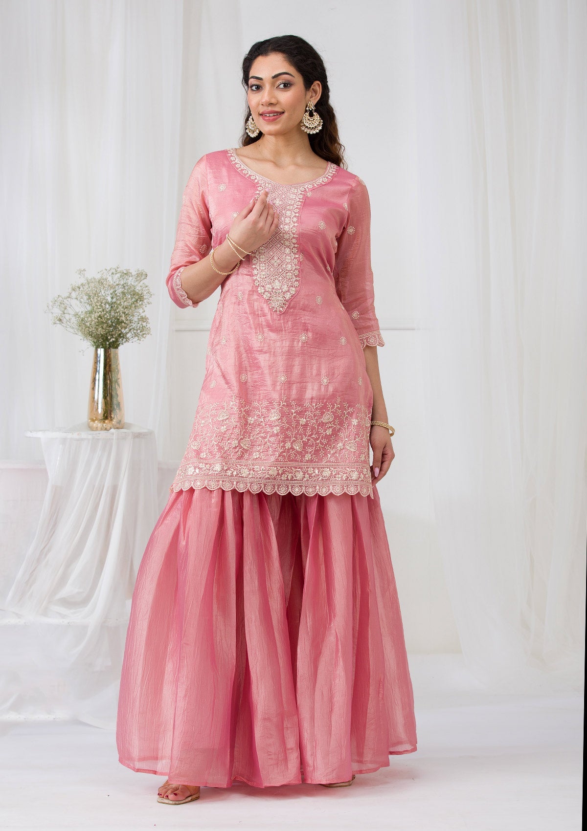 Pink Threadwork Semi Crepe Readymade Salwar Suit-Koskii