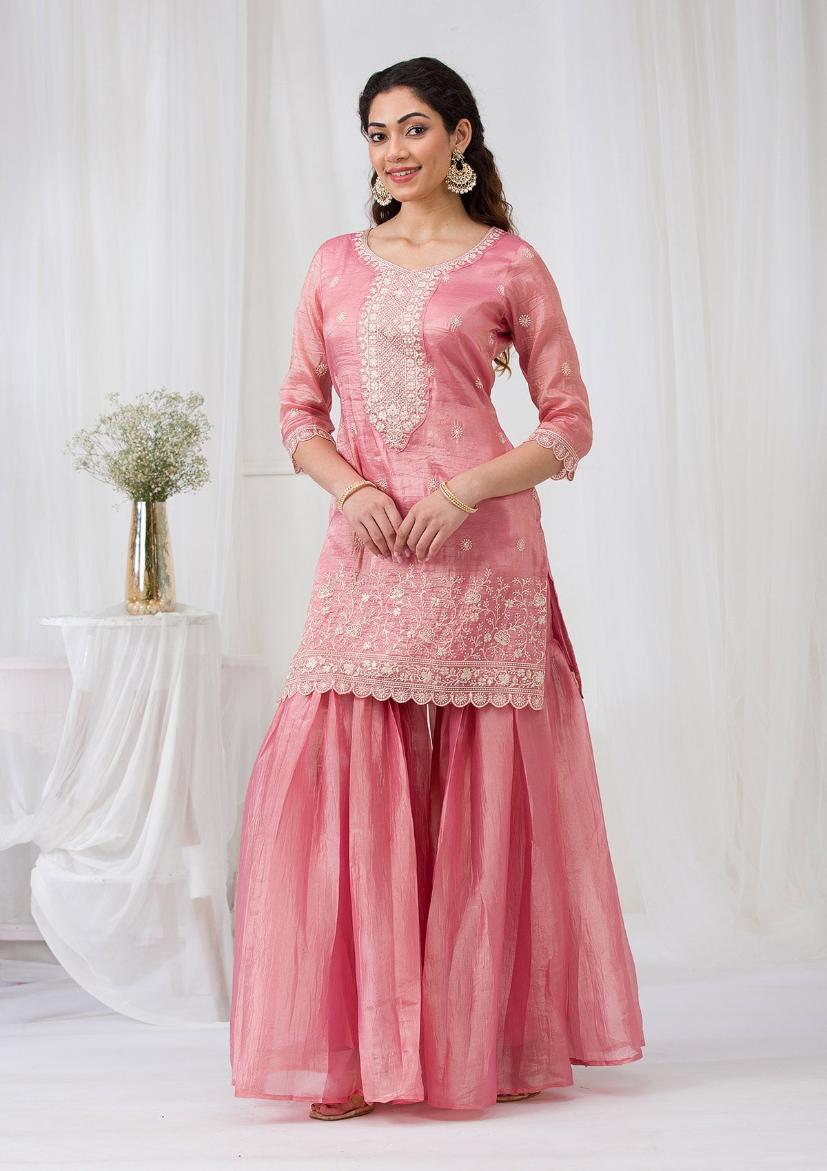 Pink Threadwork Semi Crepe Readymade Salwar Suit-Koskii