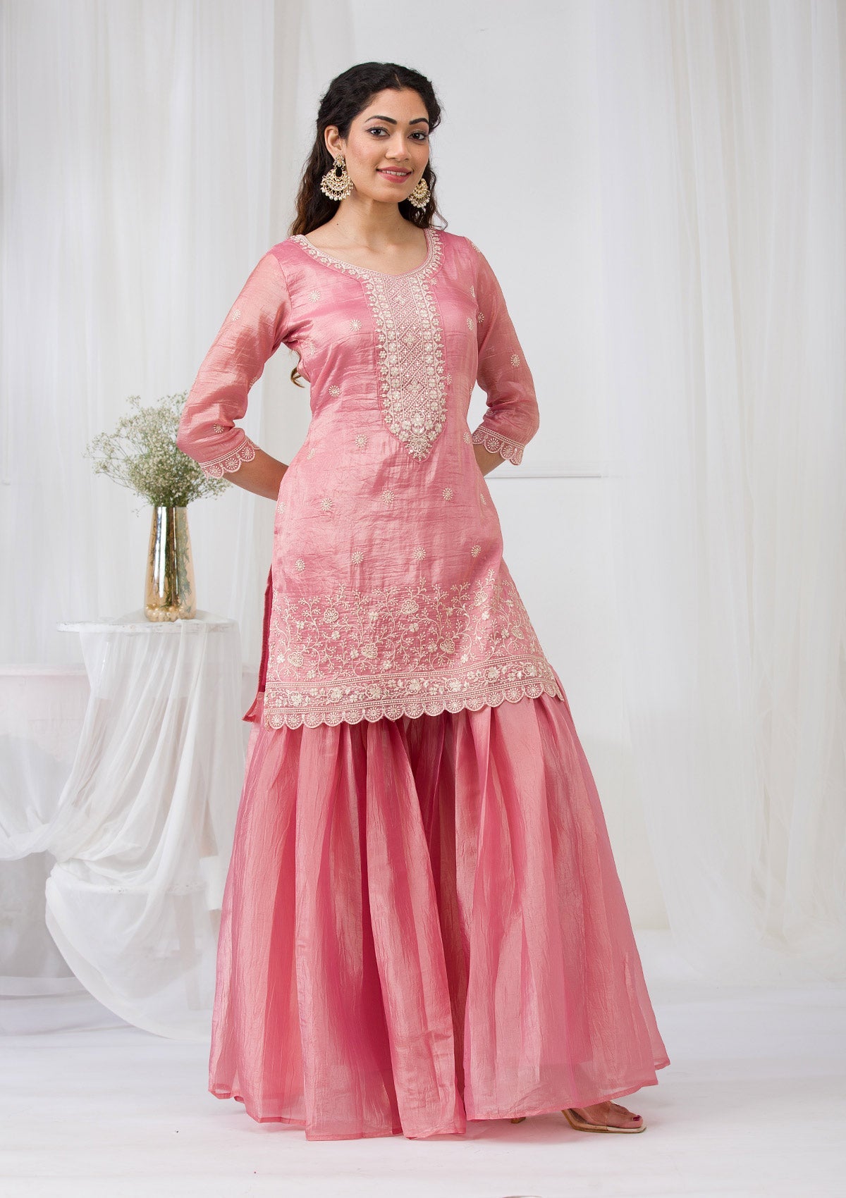 Pink Threadwork Semi Crepe Readymade Salwar Suit-Koskii