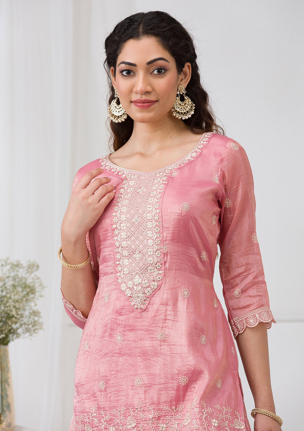 Pink Threadwork Semi Crepe Readymade Salwar Suit-Koskii