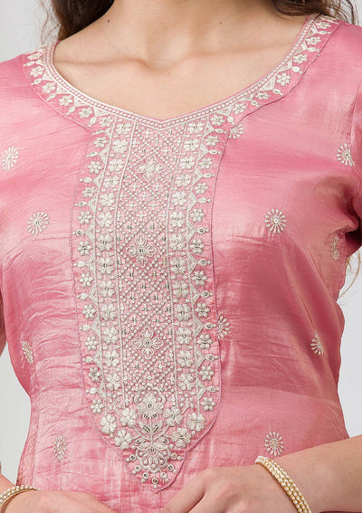 Pink Threadwork Semi Crepe Readymade Salwar Suit-Koskii