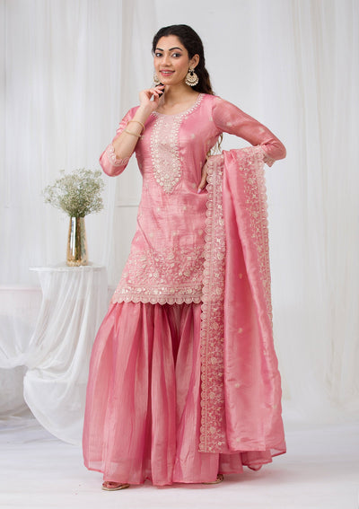 Pink Threadwork Semi Crepe Readymade Salwar Suit-Koskii