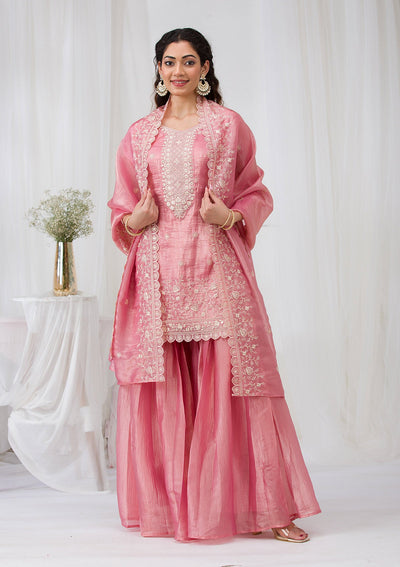 Pink Threadwork Semi Crepe Readymade Salwar Suit-Koskii