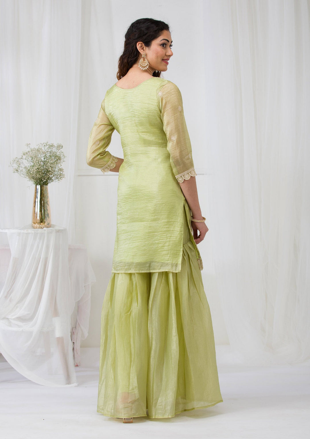 Pista Green Threadwork Semi Crepe Readymade Salwar Suit-Koskii