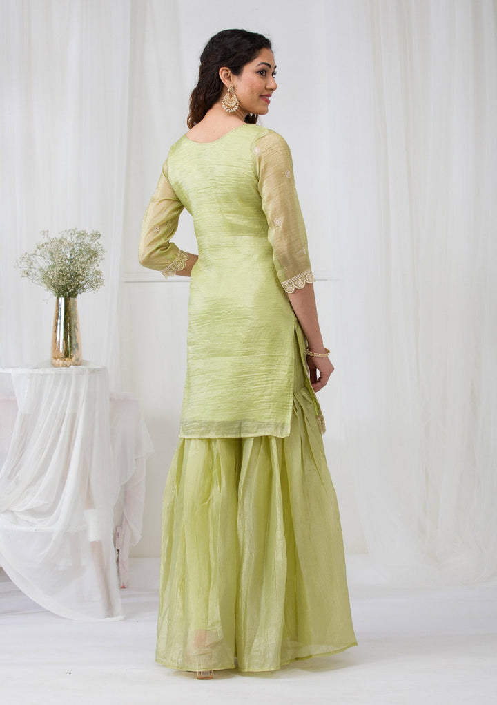 Pista Green Threadwork Semi Crepe Readymade Salwar Suit-Koskii